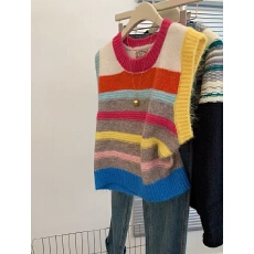 法式彩色条纹工字无袖打底马甲针织背心外穿女内搭上衣宽肩带坎肩