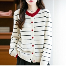 2025新款秋冬减龄时尚圆领毛衣宽松毛针织开衫女条纹外套时尚