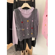 批发韩版手工花朵麻花保暖针织马甲女秋冬显瘦叠穿上衣潮