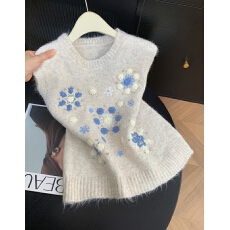 工艺烫钻花朵提花针织马甲女冬季款甜美百搭叠穿背心