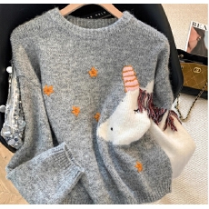 批发慵懒高级感提花刺绣红色毛衣女秋冬圆领针织衫