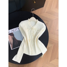 批发miu系温柔<b class='q'>甜美</b>风蝴蝶结木耳边针织衫上衣女系带减龄百搭氛围内搭