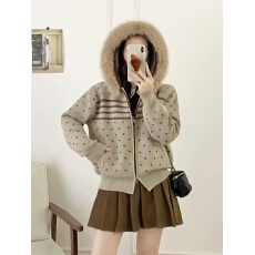 批发费尔岛慵懒连帽毛毛领拉链开衫毛衣外套秋<b class='q'>冬</b>复古气质休闲上衣