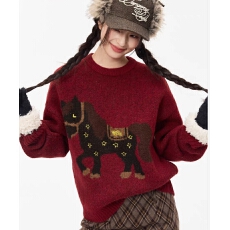 批发新款小马针织衫<b class='q'>冬</b>宽松慵懒情侣红色毛衣