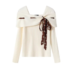 批发绑带蝴蝶结一字肩针织衫女秋<b class='q'>冬</b>高级感毛衣内搭打底上衣