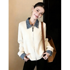 批发2025新款<b class='q'>韩版</b>时尚百搭宽松休闲翻领牛仔领拼色<b class='q'>针织衫</b>上衣