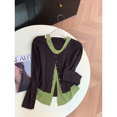 批发韩系复古辣妹风假两件拼接针织衫女秋<b class='q'>冬</b>新款撞色开叉长袖V领上衣