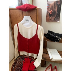 批发<b class='q'>韩版</b>红色洋气针织衫吊带女秋季减龄俩件套慵懒风无袖<b class='q'>毛衣</b>叠穿上衣