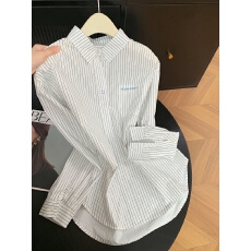 批发蓝色Polo领字母刺绣条纹长袖<b class='q'>衬衫</b>女春季新款宽松休闲韩系通勤上衣