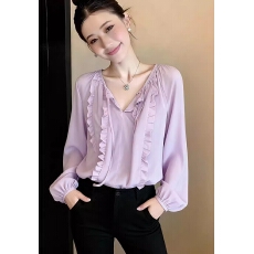 批发法式温柔风木耳边<b class='q'>衬衫</b>女春季新款洋气显白系带设计感长袖上衣