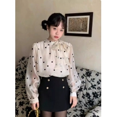 批发法式甜美<b class='q'>波点</b><b class='q'>衬衫</b>女蝴蝶结侧绑带雪纺衫上衣