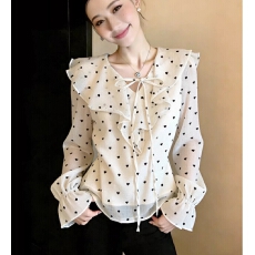 批发法式荷叶边<b class='q'>波点</b>长袖雪纺<b class='q'>衬衫</b>女秋季新款高级感蝴蝶结绑带别致上衣