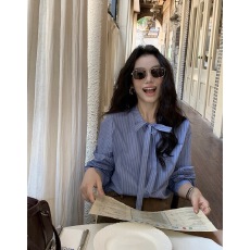 批发蓝色蝴蝶结绑带条纹衬衫女长袖衬衣气质上衣