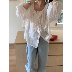 批发春夏花边领系带肌理感长袖上衣 气质百搭宽松<b class='q'>修身</b>纯棉衬衫女