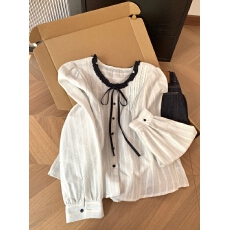 批发韩系少女感撞色木耳花边衬衫女春季系带条纹宽松百搭长袖上衣