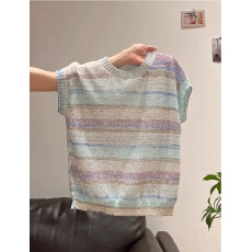 批发韩系撞色圆领彩虹条纹针织短袖T恤女2026夏季宽松显瘦设计感上衣
