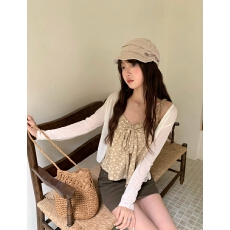 日系少女蝴蝶结碎花肌理感吊带背心无袖上衣