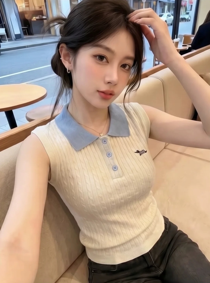 학원 스타일 POLO 칼라 민소매 니트 조끼 여성 여름 출퇴근 연령 감소 다용도 티셔츠 맨위