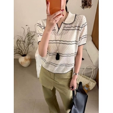 批发法式高级感撞色条纹polo领针织衫女<b class='q'>秋</b>季镂空设计宽松套头翻领毛衣
