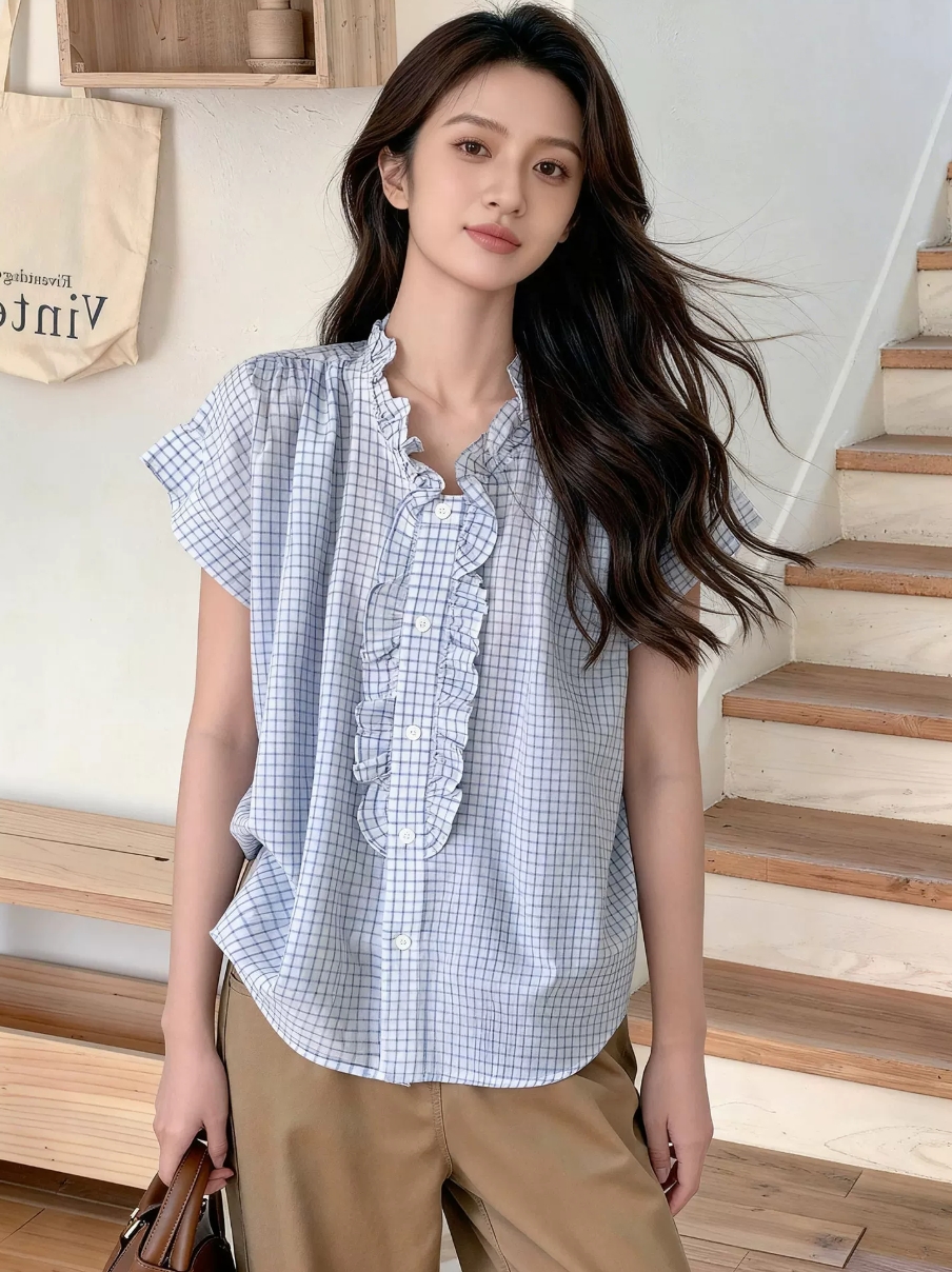 출퇴근 바람 V넥 체크무늬 프릴 셔츠 여성용 짧은 소매 루즈핏 디자인 센스 품격 오픈 가디건 미니멀리즘 여름 맨위