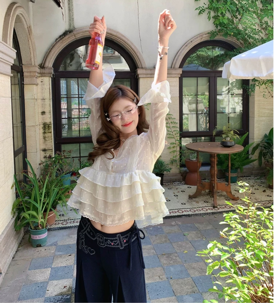 달콤함 꽃무늬 작은 대중 디자인 센스 쉬폰 블라우스 레이스 긴팔 맨위 여성