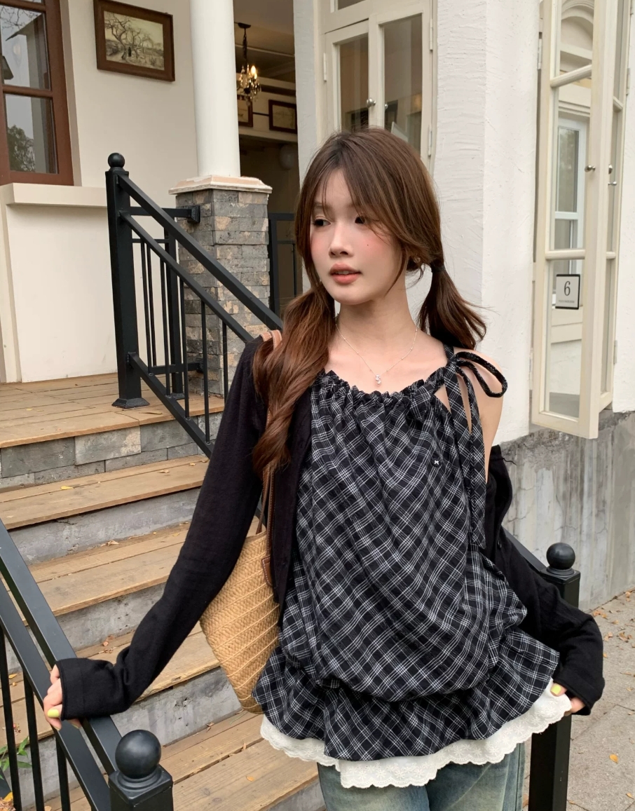 한 부서 레트로 체크무늬 레이스 레이스업 조끼 셔츠 달콤함 행침 목 맨위
