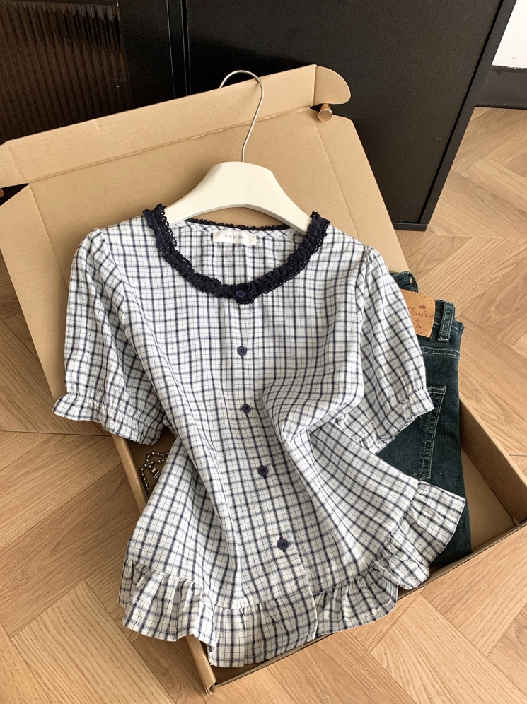 프랑스식 프릴 체크무늬 반팔 셔츠 여자 2026 새로운 여름 아름다운 사소한 Chic 쇼트 스타일 작은 맨위
