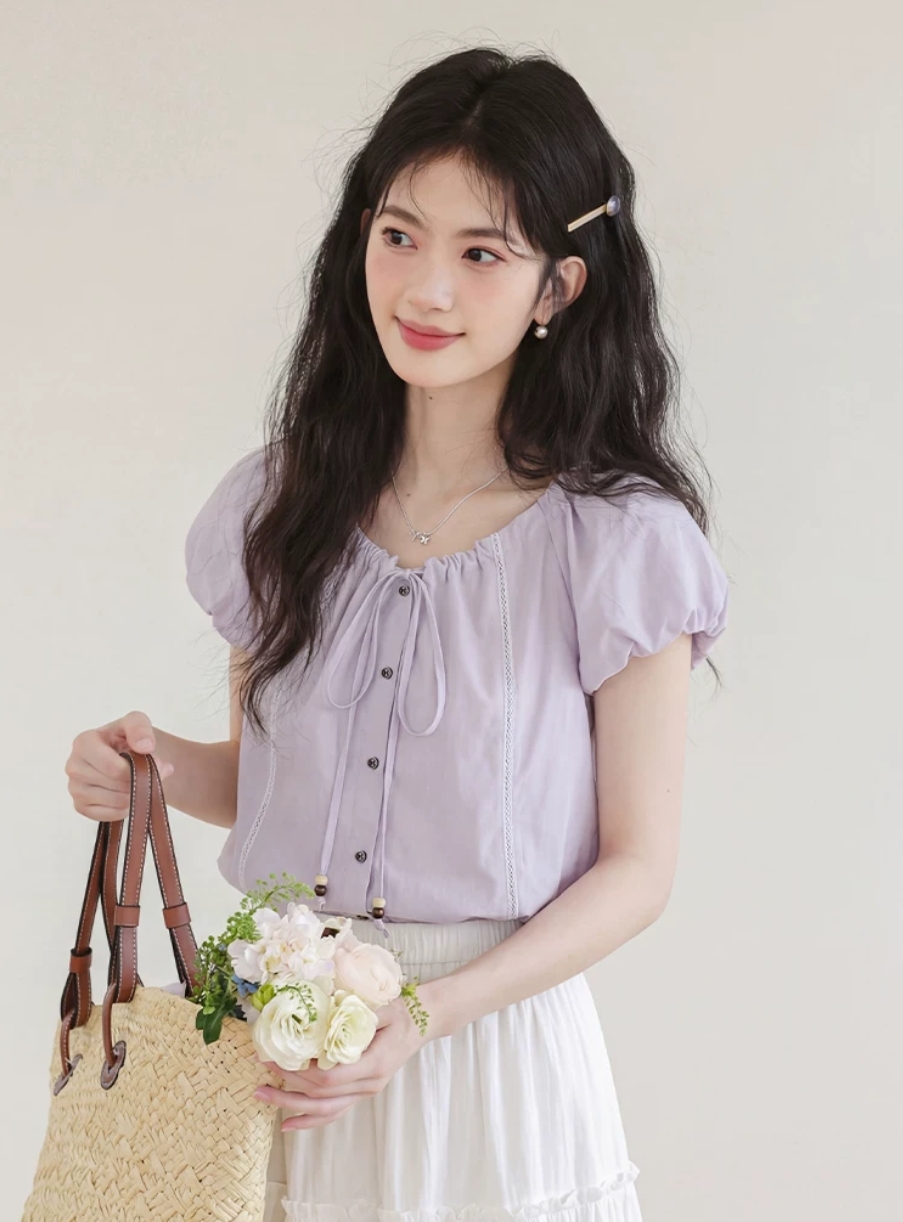 작은 날다 소매 여성 셔츠 2026 초여름 나비 넥타이 셔츠 프랑스식 표지 배 맨위