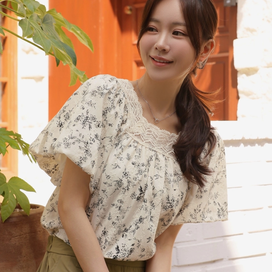 프랑스식 복잡한 고대 칼라 거품 소매 반팔 꽃 센 셔츠 여성