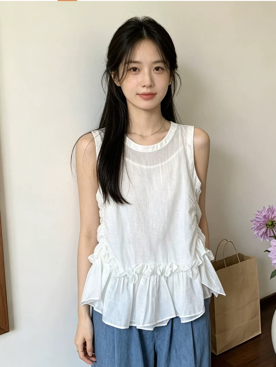 한 부서 프릴 민소매 조끼 여성 셔츠 여름 새로운 인사이드 가져 가라. 슬립 라운드 넥 맨위