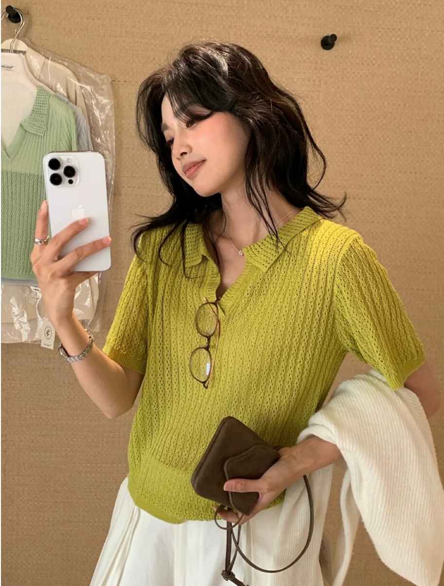 POLO 칼라 홀로우 아웃 니트 반팔 티셔츠 여성 여름 고급 센스 chic Chic 품격 맨위
