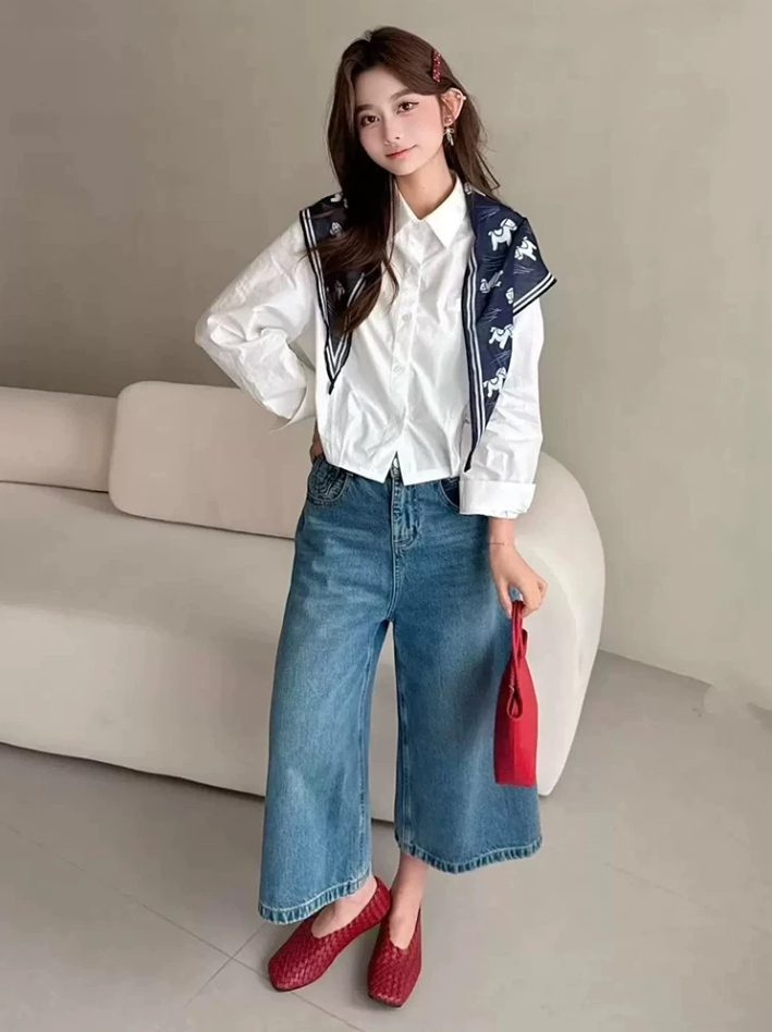 작은 말 스카프 밑단 주름 허리 수축 루즈핏 쇼트 스타일 여성 셔츠 봄 화이트 셔츠 작은 셔츠