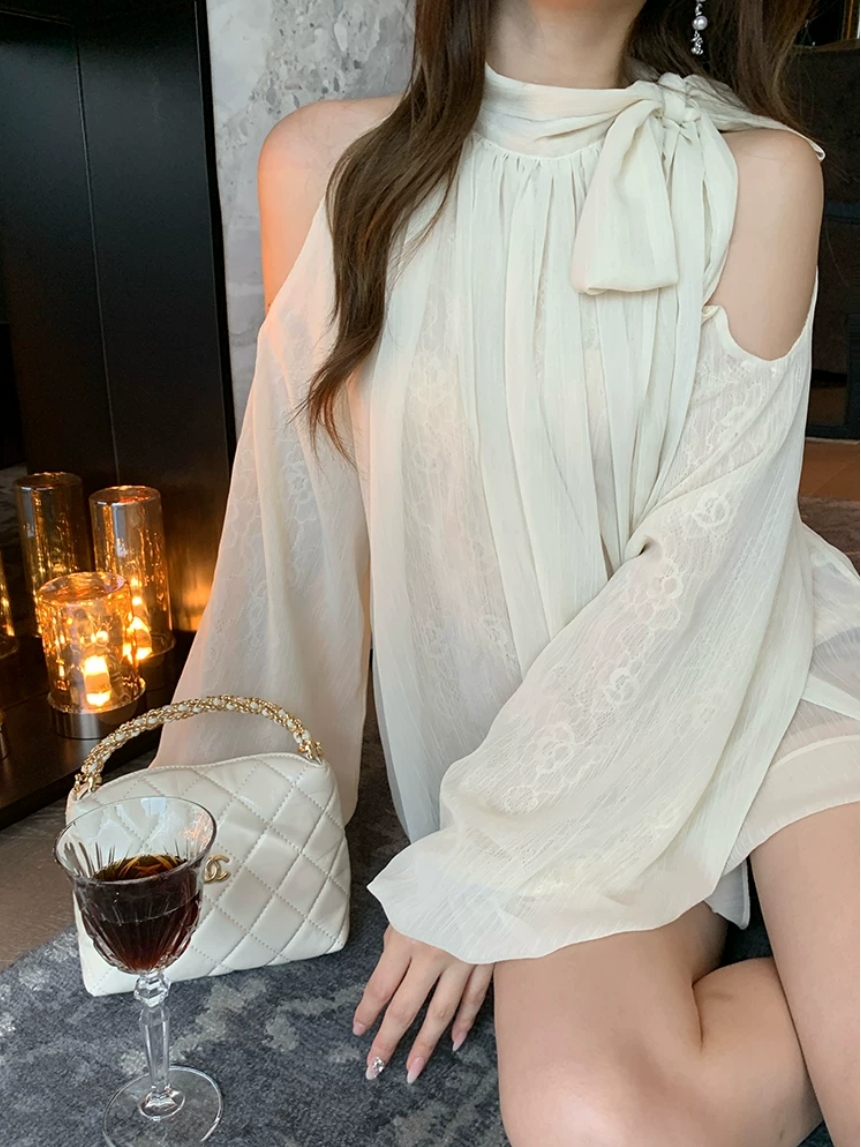 디자인 센스 나비 매듭 행침 목 여성 셔츠 루즈핏 작은 대중 슬림해 보이는 오프숄더 쉬폰 블라우스