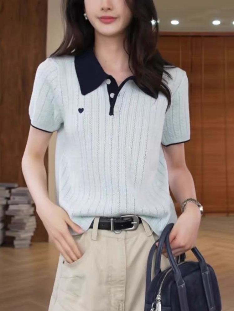 POLO 칼라 티셔츠 반팔 니트 스웨터 여성 2026 새로운 여름 작은 키 긍정적 인 어깨 의류