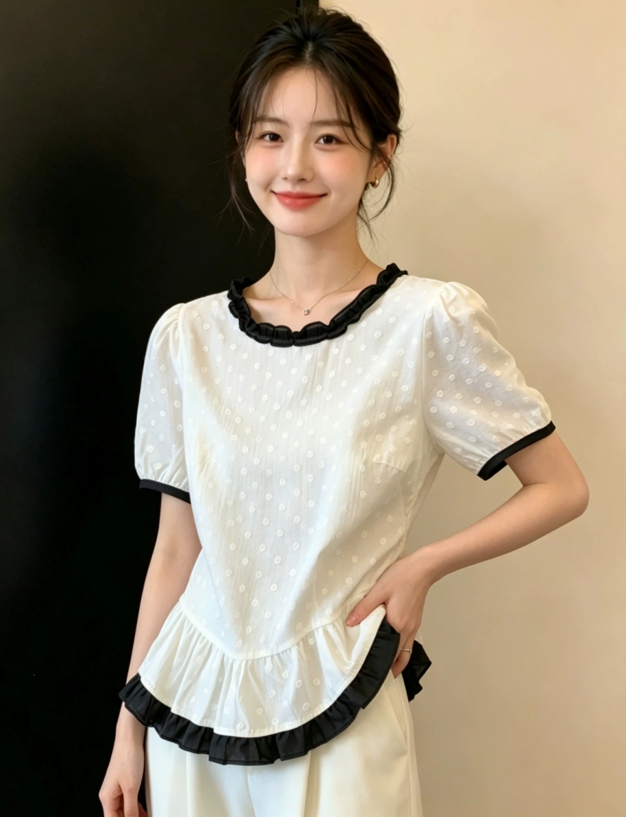프랑스식 배색 프릴 거품 소매 여성 셔츠 여름 새로운 순수한 욕망 바람 연령 감소 맨위