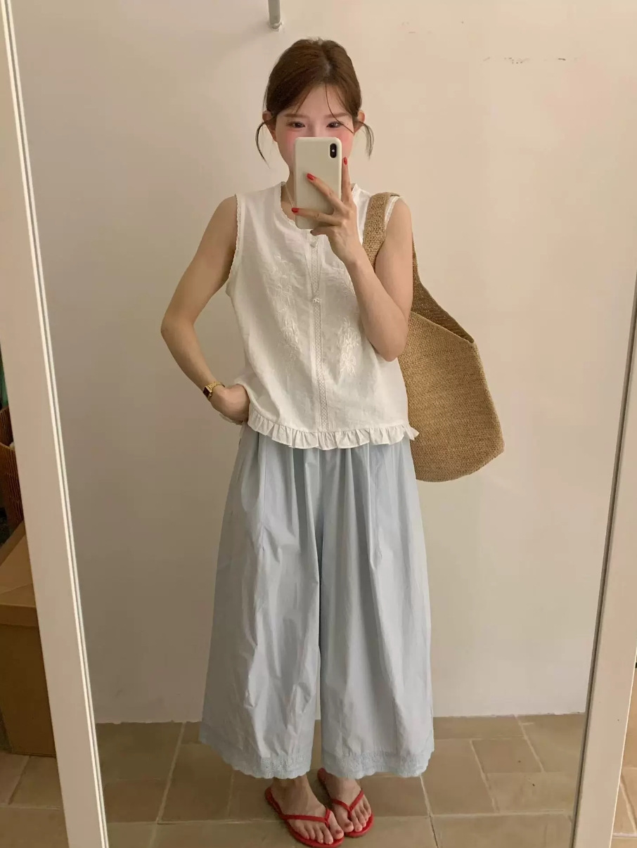 한 부서 무거운 작업 레이스 칼라 자수 조끼 여성 여름 연령 감소 달콤한 스타일 프릴 민소매 작은 맨위