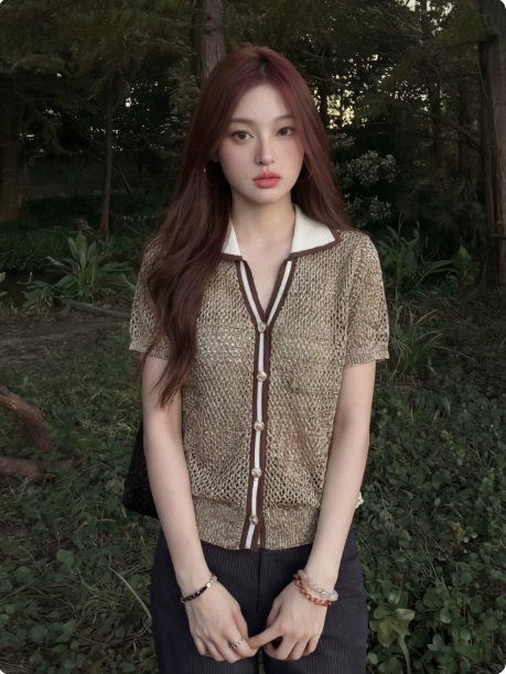 POLO 칼라 반팔 니트 스웨터 여성 여름 한 부서 품격 몸매 가꾸기 슬림해 보이는 얼음 실크 홀로우 아웃 맨위