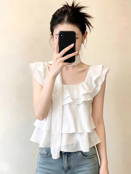 프랑스식 광장 칼라 프릴 작은 날다 소매 조끼 여성 여름 달콤함 연령 감소 디자인 센스 슬림해 보이는 인형 셔츠 맨위