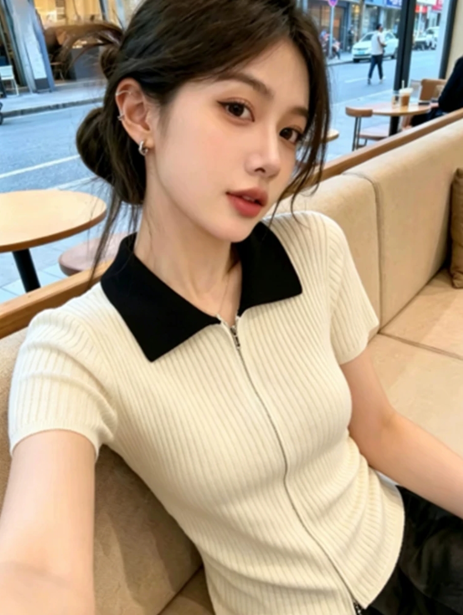 한 부서 chic 배색 폴로 칼라 니트 스웨터 여성 여름 새로운 더블 지퍼 반팔 POLO 셔츠 핫걸 구덩이 기사 작은 맨위