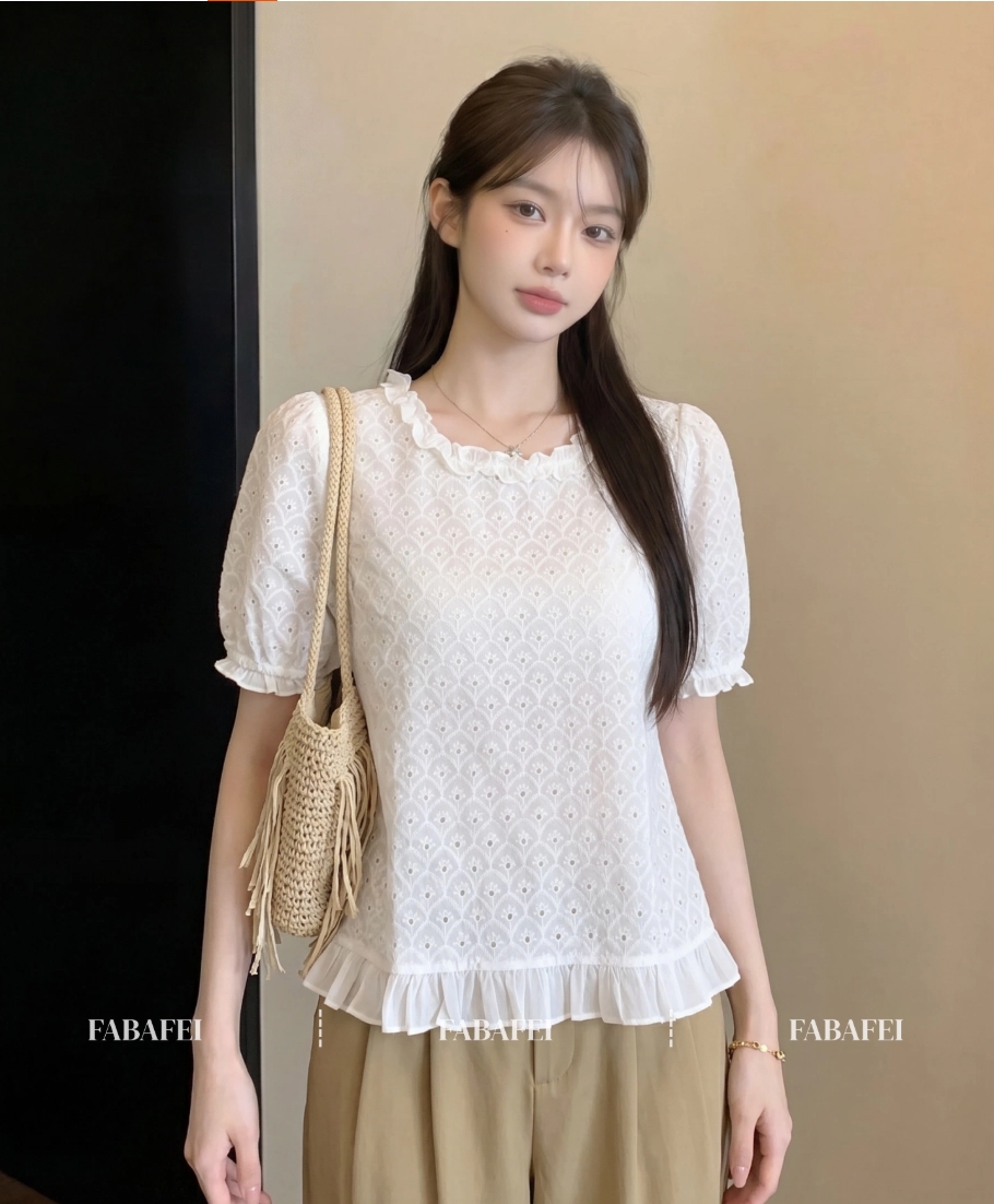 한 부서 홀로우 아웃 자수 반팔 여성 셔츠 여름 프릴 루즈핏 슬림해 보이는 고유 한 아름다운 연령 감소 작은 셔츠 맨위