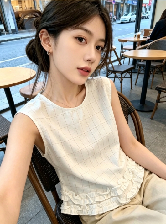 프랑스식 부드러운 바람 민소매 체크무늬 레이스 밑단 품격 작은 대중 디자인 센스 패션 캐주얼 섹션 미니멀리즘 맨위 여성