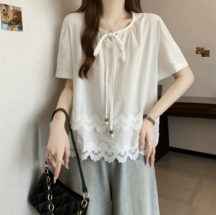 물결무늬 홀로우 아웃 계단식 레이스 프랑스식 작은 셔츠 여성 여름 새로운 루즈핏 품격 Chic 셔츠