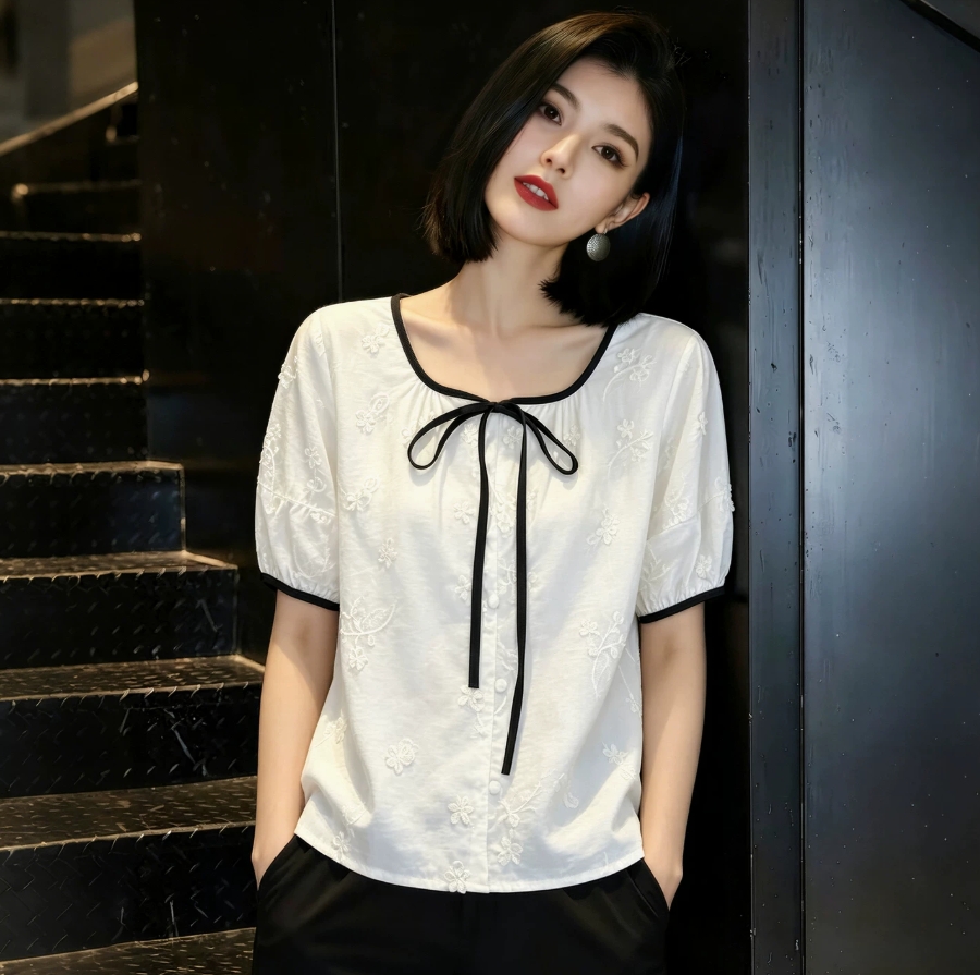 자수 거품 소매 반팔 여성 셔츠 여름과 가을 새로운 달콤함 프랑스식 맨위
