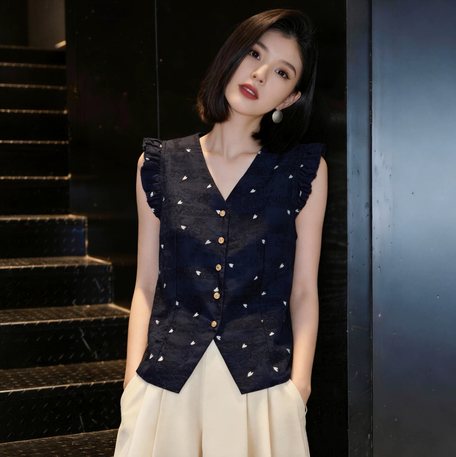 패션 외국 가스 연령 감소 Feifei 소매 하트 프린트 여성 셔츠 여름 디자인 센스 작은 대중 V넥 얇은 스타일 민소매 맨위