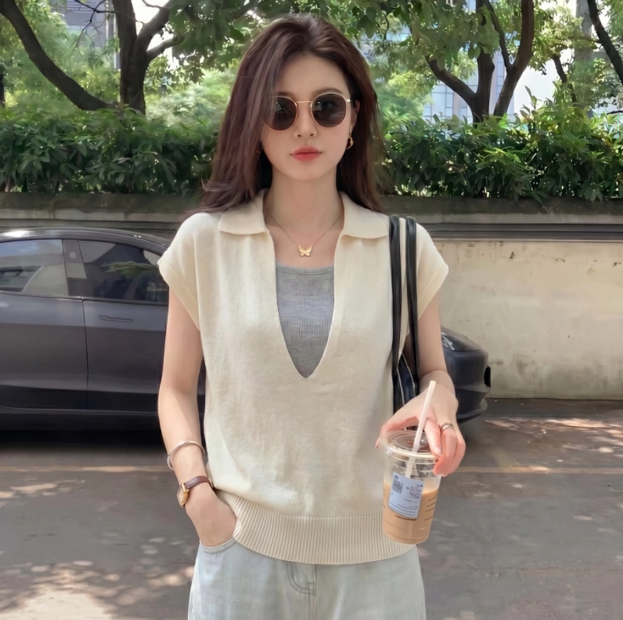 POLO 칼라 페이크 레이어드 반팔 니트 스웨터 여성 여름 다용도 캐주얼 민소매 조끼