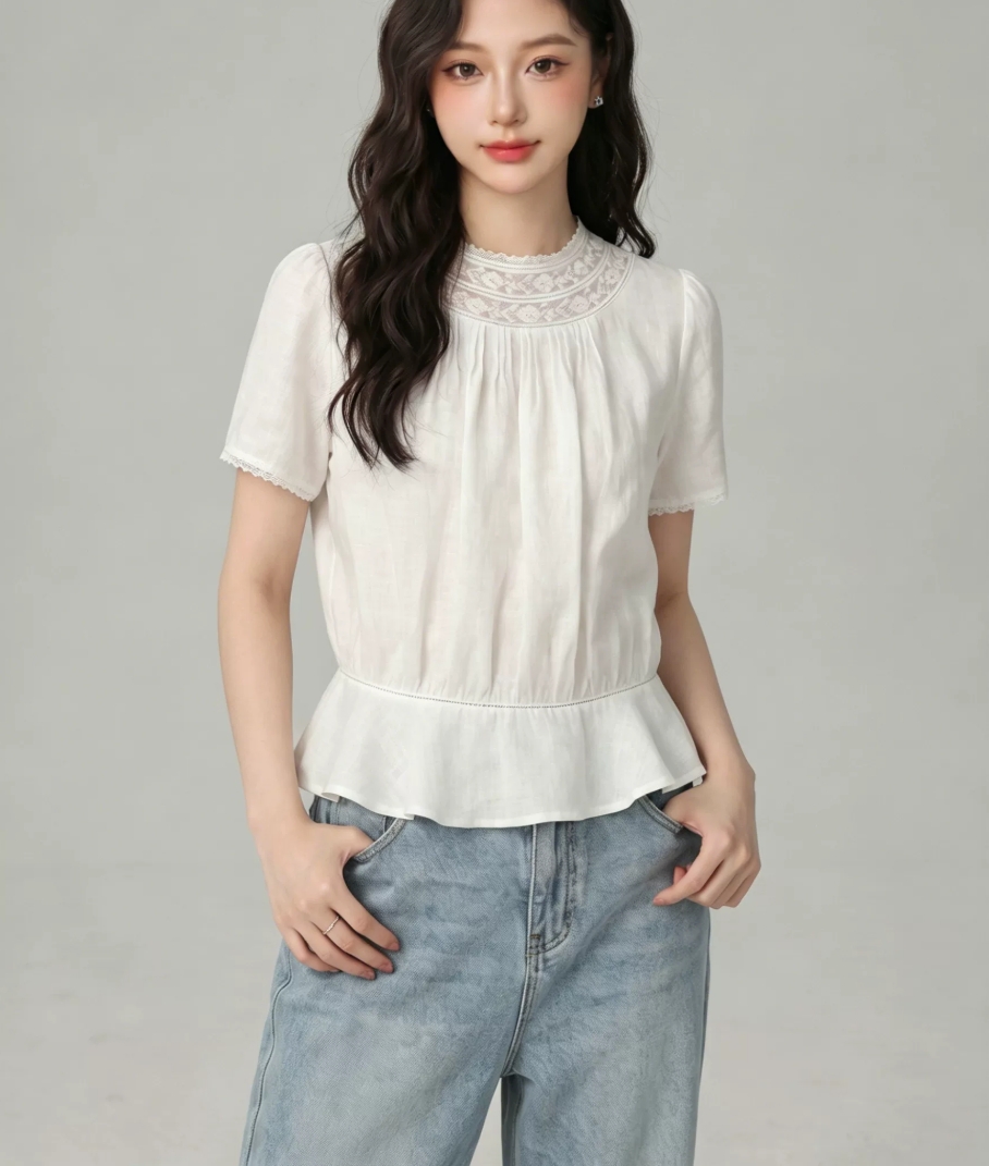 질감 주간 실크 마 작은 셔츠 2026 여름 신제품 레이스 풀오버 캐주얼 바람 라운드 넥 맨위