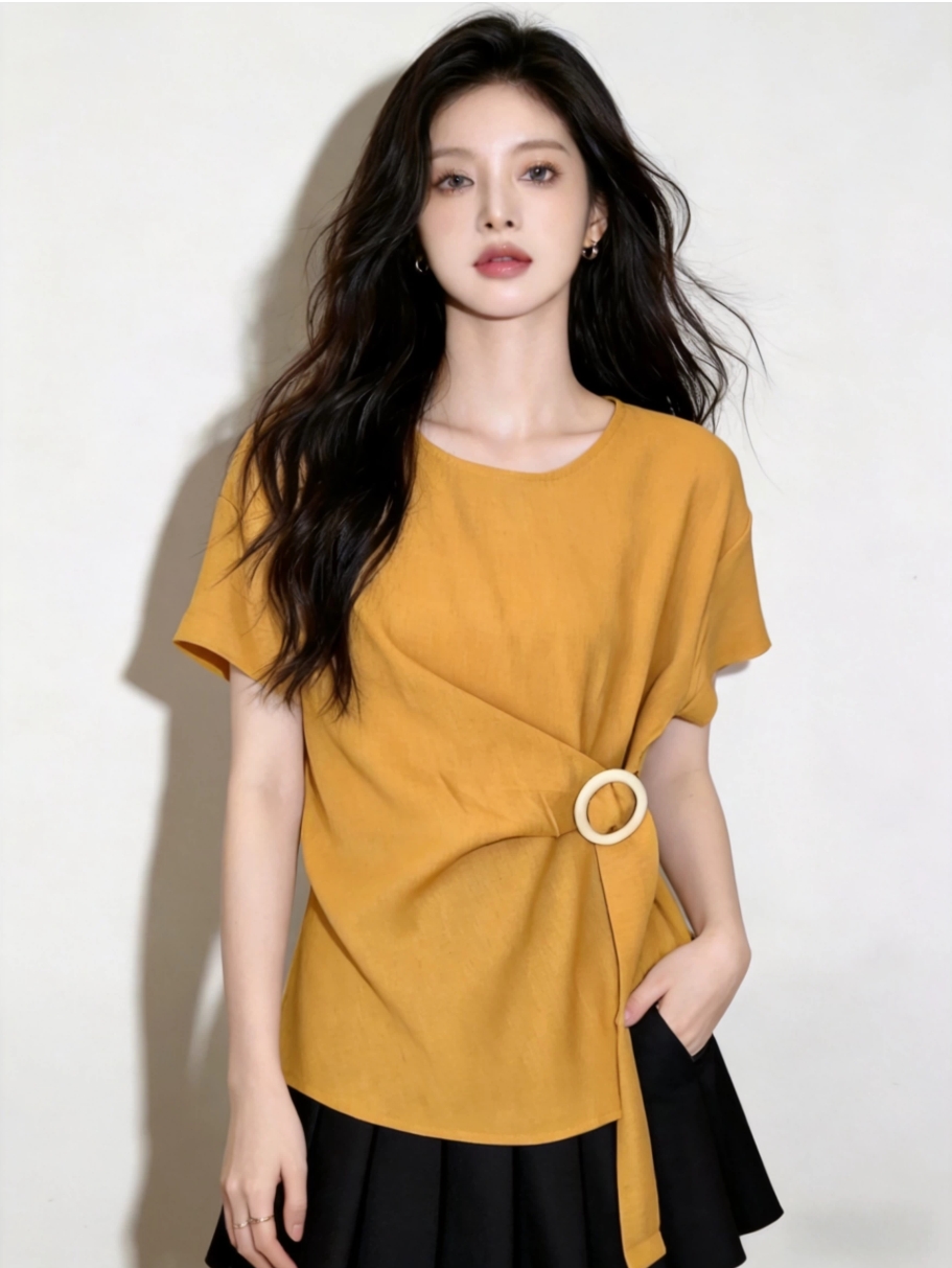 허리 수축 반팔 여성 셔츠 여름 불규칙 꼬집기 허리 슬림해 보이는 다용도 품격 맨위