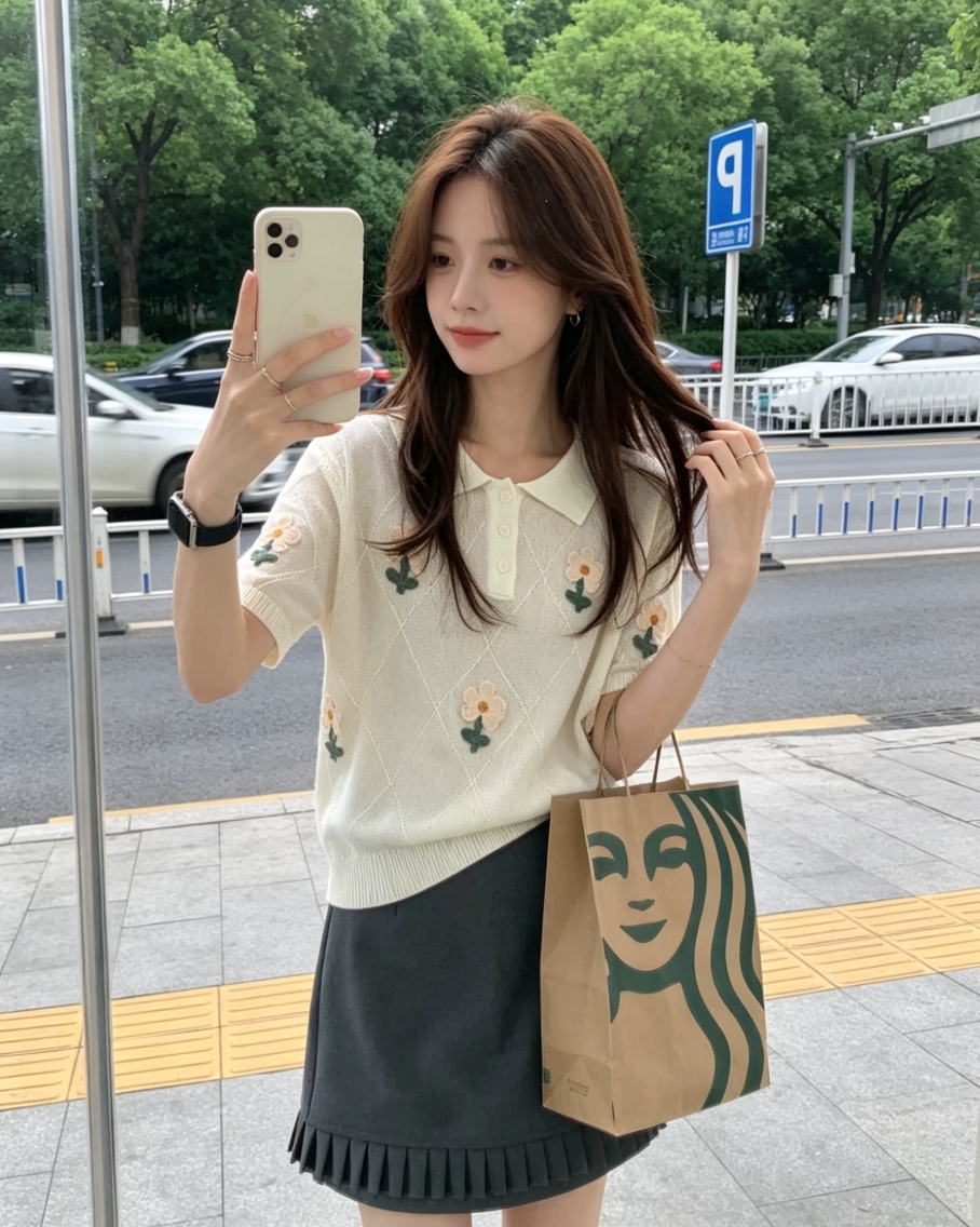 한 부서 POLO 칼라 니트 반팔 티셔츠 여성 2026 새로운 여름 꽃 자수 루즈핏 다용도 슬림해 보이는 맨위