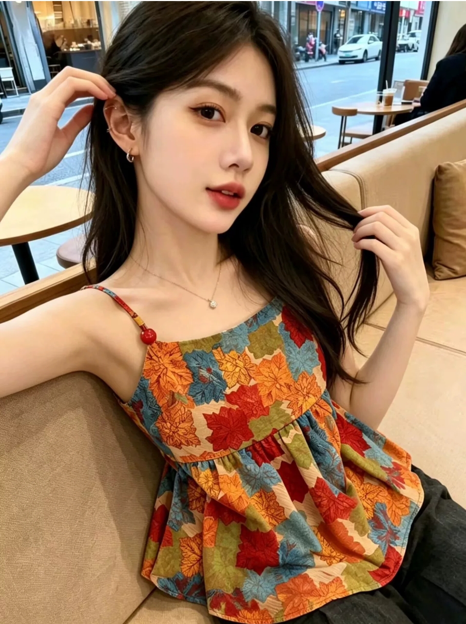 도파민 꽃무늬 캐미솔 여름 해변가 휴가 바람 몸매 가꾸기 슬림해 보이는 프릴 민소매 오프숄더 맨위