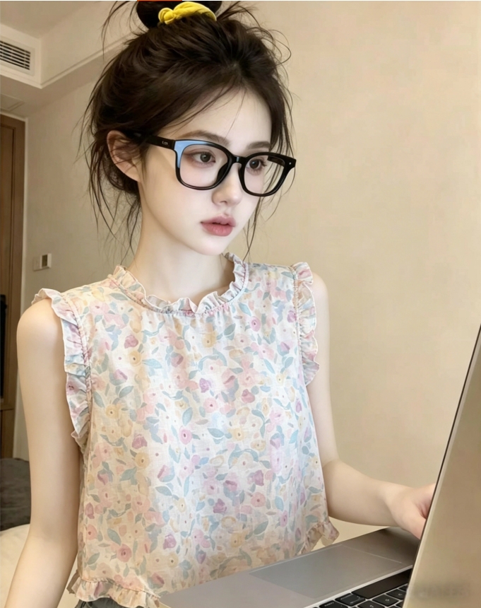 꽃무늬 라운드 넥 조끼 여성 셔츠 여름 달콤함 연령 감소 작은 셔츠 목이버섯 레이스 작은 날다 소매 맨위